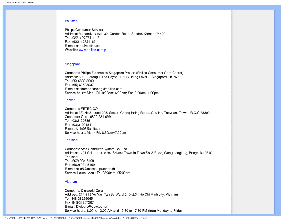 Philips 190EW9 user manual Pakistan 