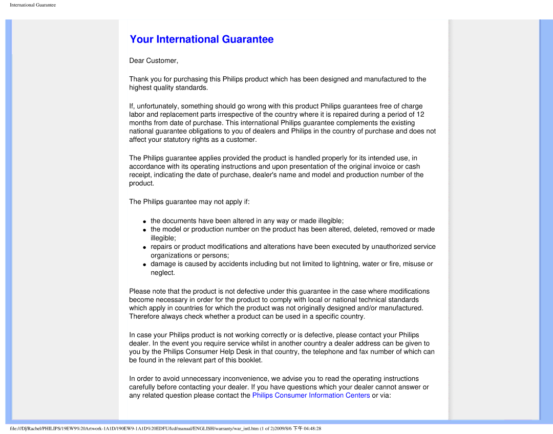 Philips 190EW9 user manual Your International Guarantee 
