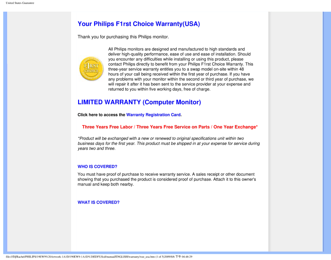 Philips 190EW9 user manual Your Philips F1rst Choice WarrantyUSA, Limited Warranty Computer Monitor 