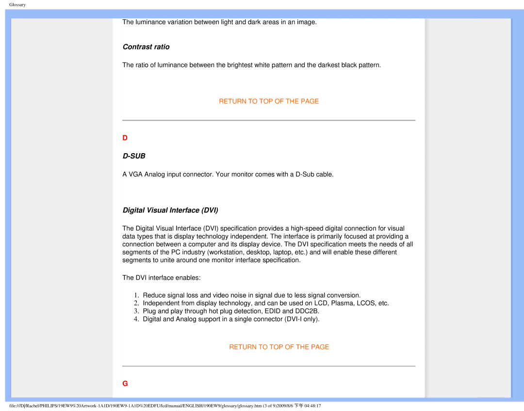 Philips 190EW9 user manual Contrast ratio, Digital Visual Interface DVI 