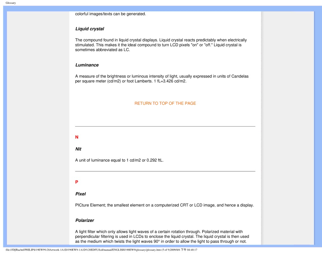 Philips 190EW9 user manual Liquid crystal, Luminance, Nit, Pixel, Polarizer 