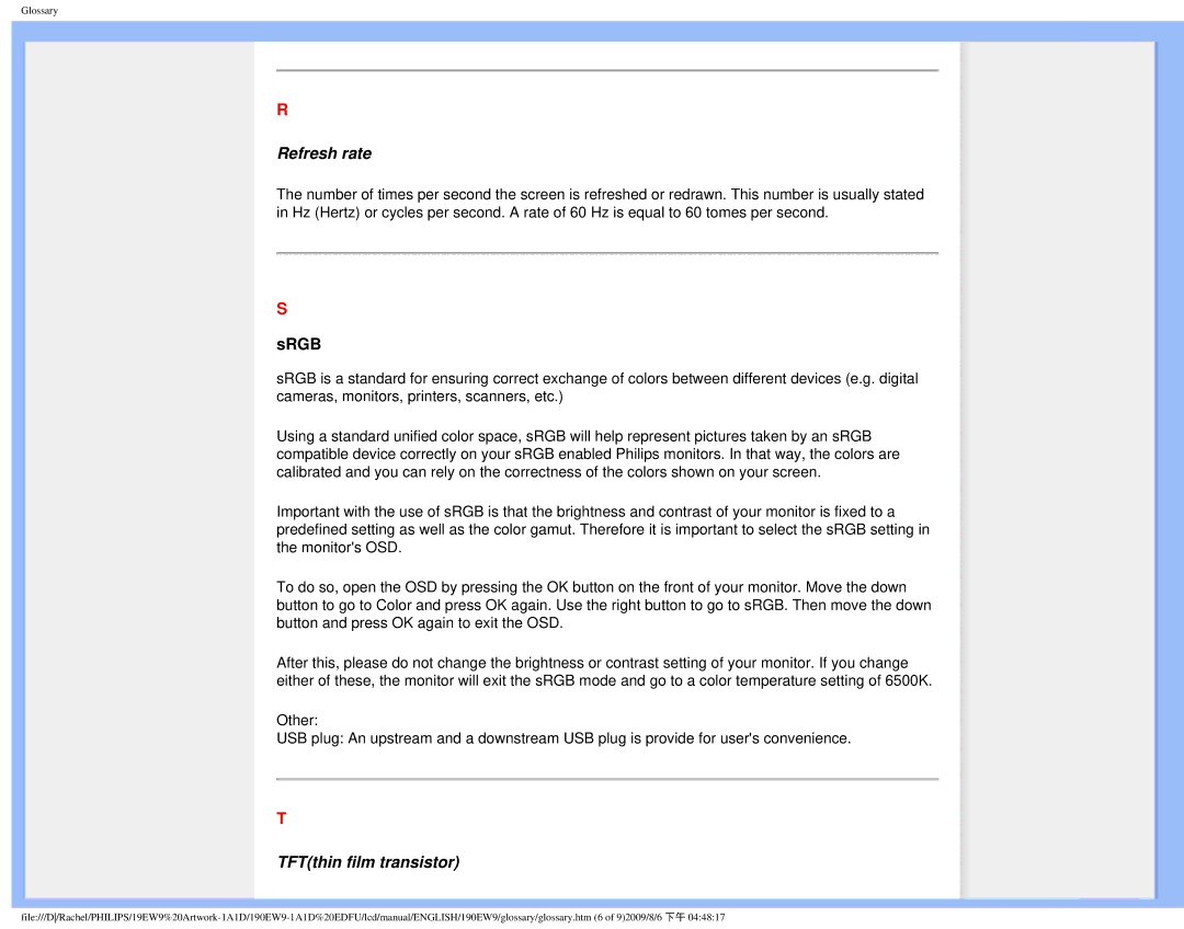 Philips 190EW9 user manual Refresh rate, TFTthin film transistor 