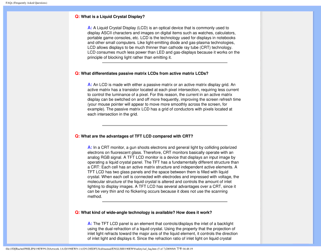 Philips 190EW9 user manual What is a Liquid Crystal Display?, What are the advantages of TFT LCD compared with CRT? 