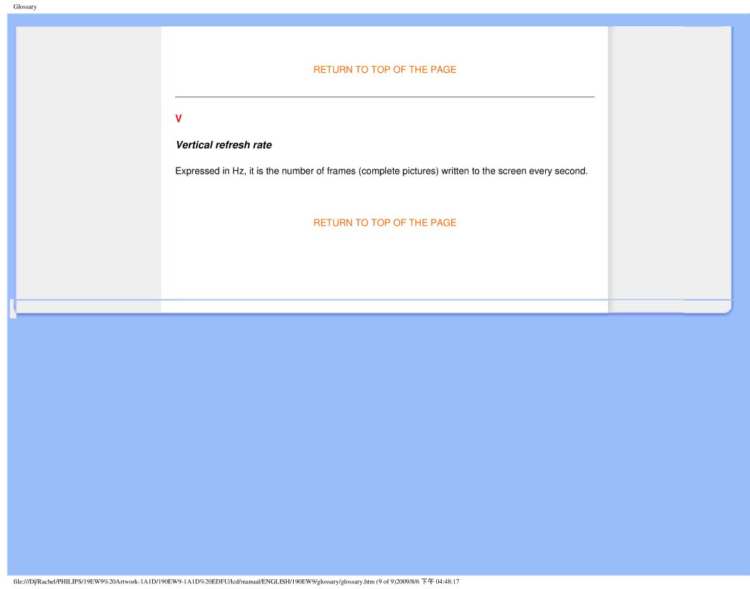 Philips 190EW9 user manual Vertical refresh rate 