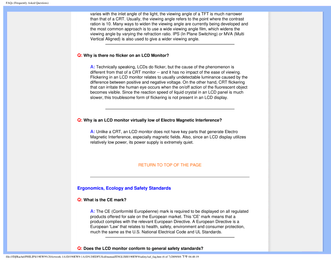 Philips 190EW9 Ergonomics, Ecology and Safety Standards, Why is there no flicker on an LCD Monitor?, What is the CE mark? 