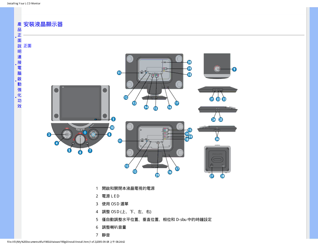 Philips 190G6 user manual 安裝液晶顯示器 