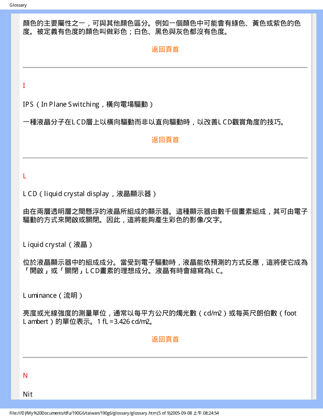 Philips 190G6 user manual LCD（liquid crystal display，液晶顯示器）, Liquid crystal（液晶）, Luminance（流明）, Nit 