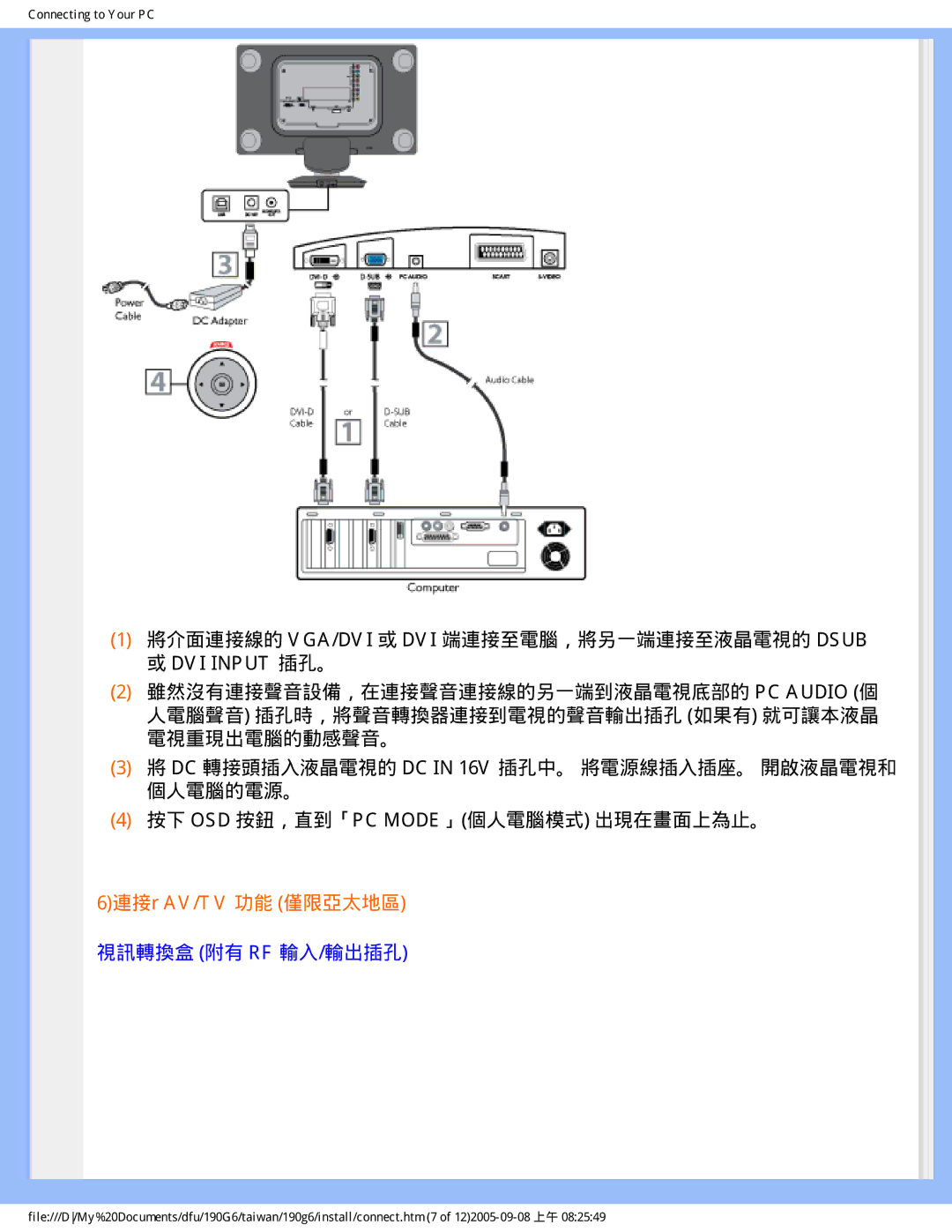 Philips 190G6 user manual 6連接r AV/TV 功能 僅限亞太地區 