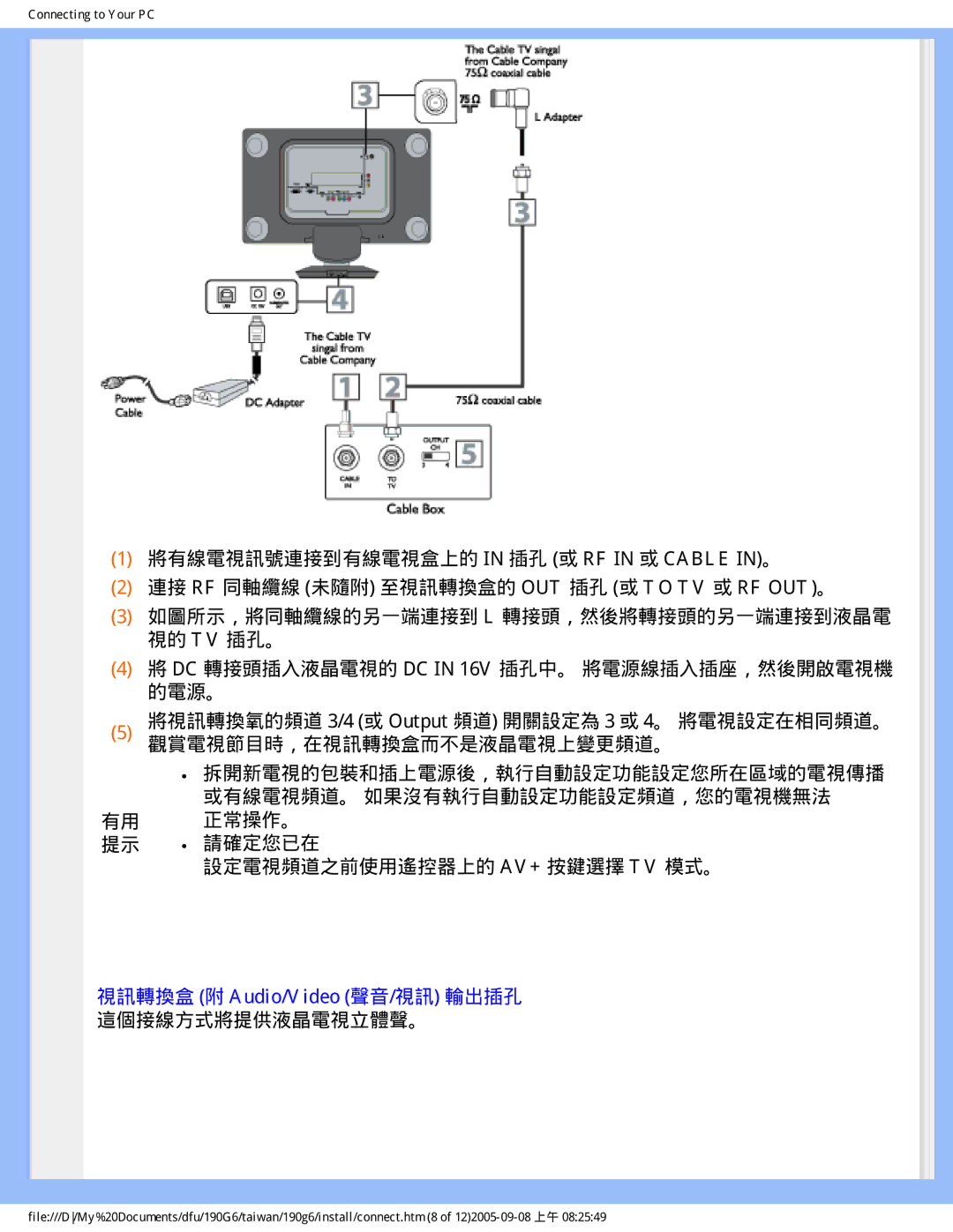 Philips 190G6 user manual 視訊轉換盒 附 Audio/Video 聲音/視訊 輸出插孔 這個接線方式將提供液晶電視立體聲。 