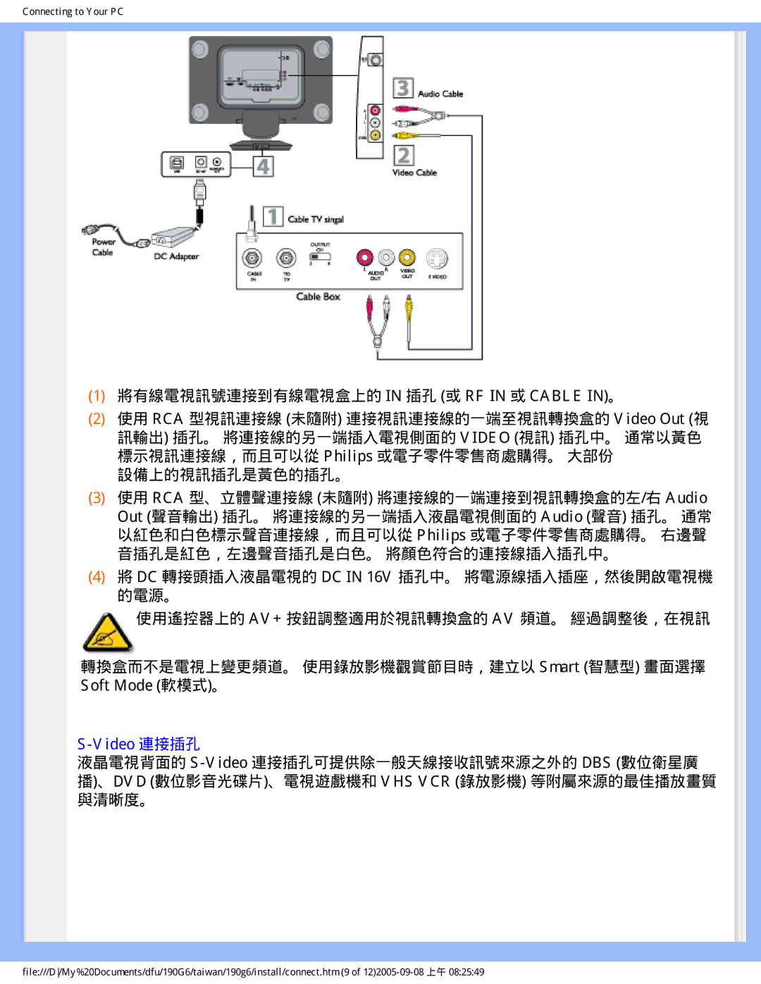 Philips 190G6 user manual 將有線電視訊號連接到有線電視盒上的 in 插孔 或 RF in 或 Cable IN。 