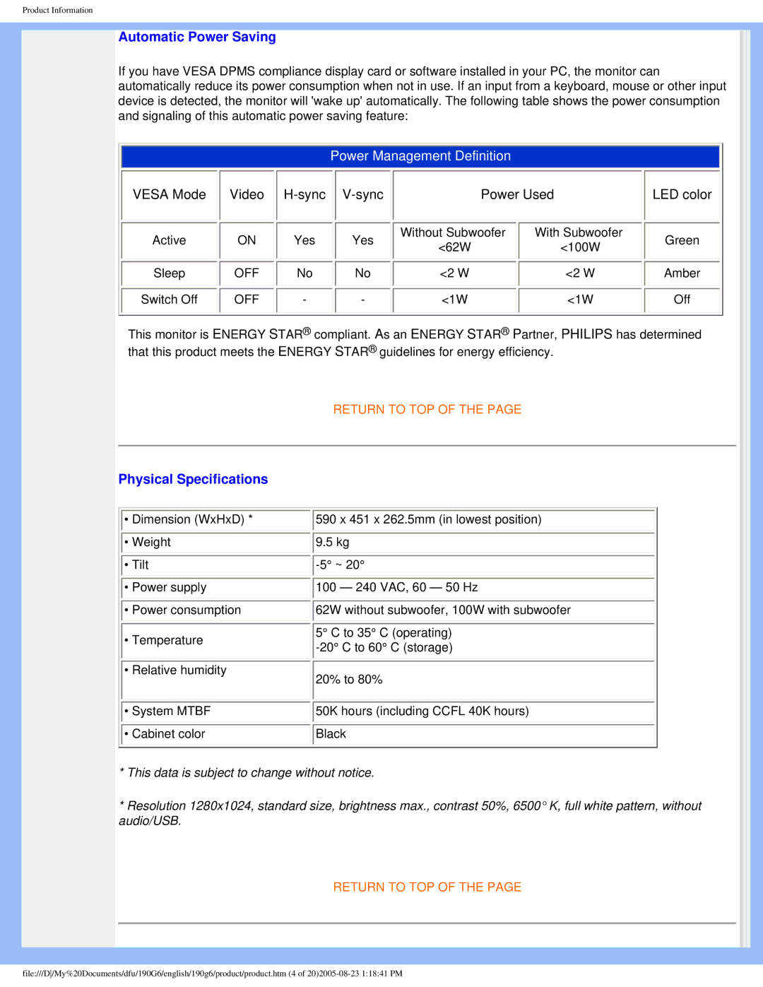 Philips 190G6 user manual Automatic Power Saving 