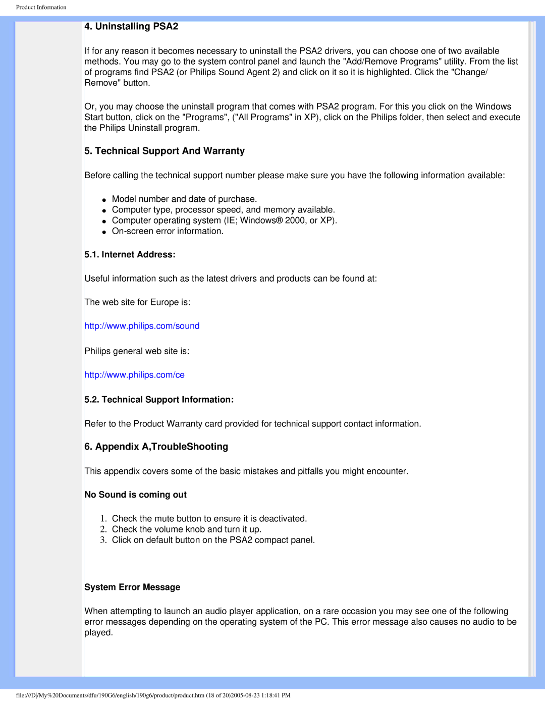Philips 190G6 user manual Internet Address, Technical Support Information, No Sound is coming out, System Error Message 