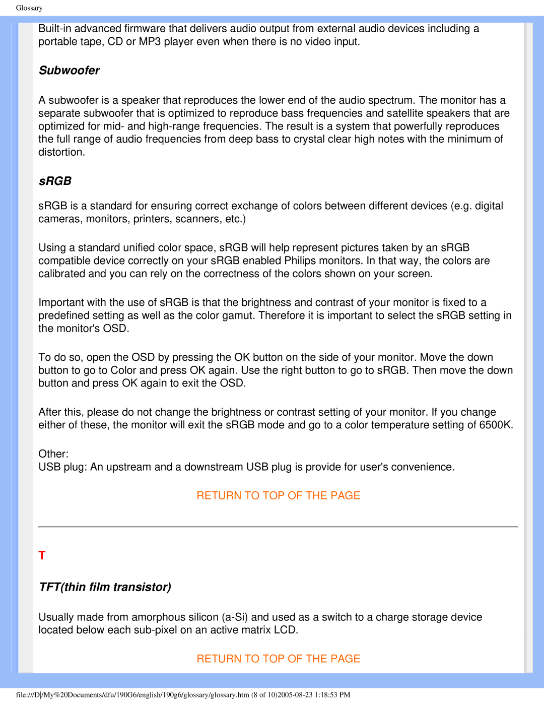 Philips 190G6 user manual Subwoofer 