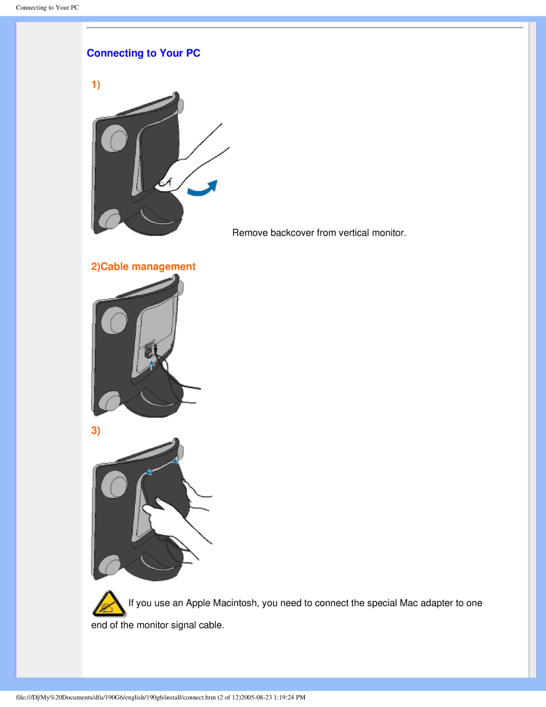 Philips 190G6 user manual Connecting to Your PC, 2Cable management 