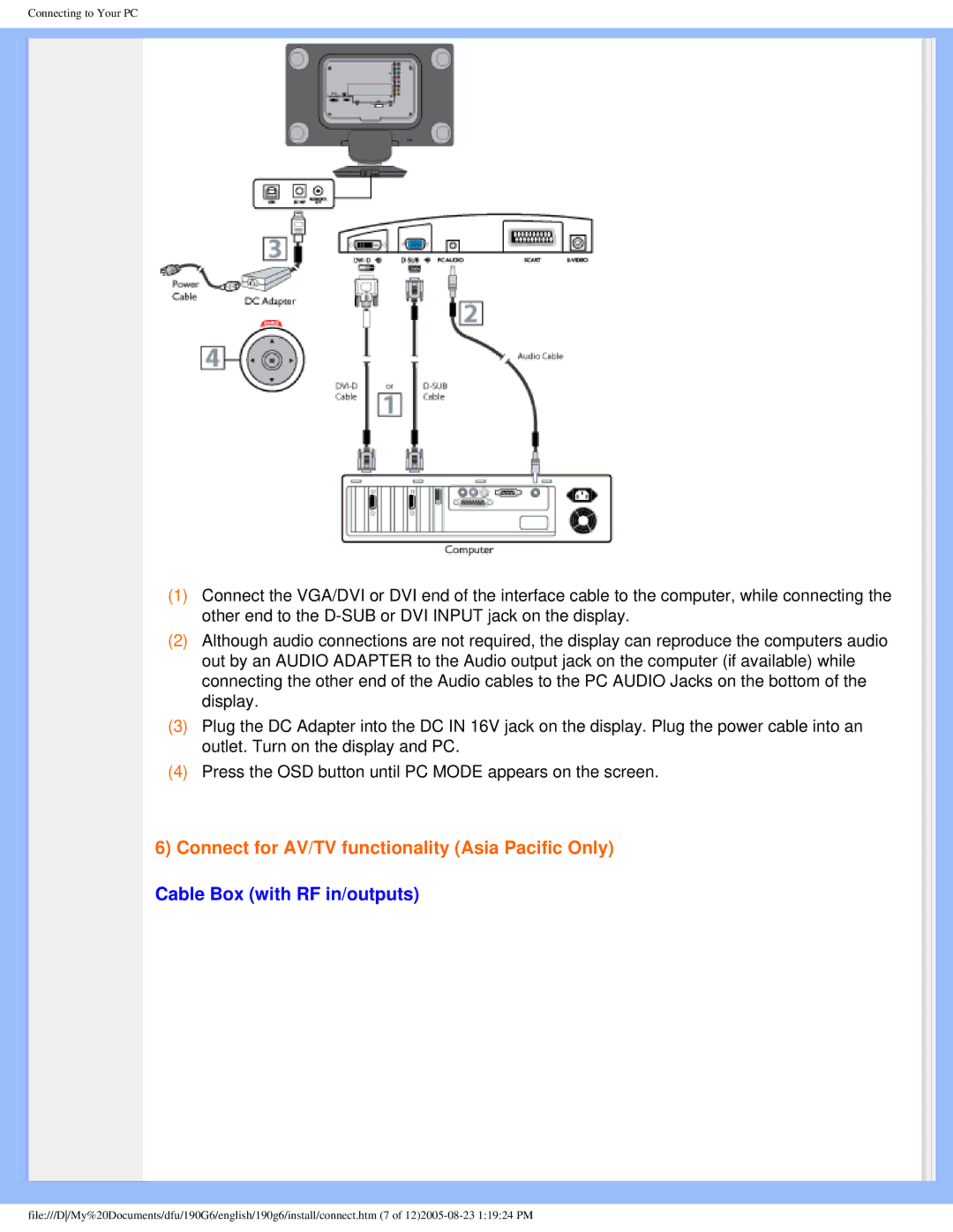 Philips 190G6 user manual Connect for AV/TV functionality Asia Pacific Only, Cable Box with RF in/outputs 