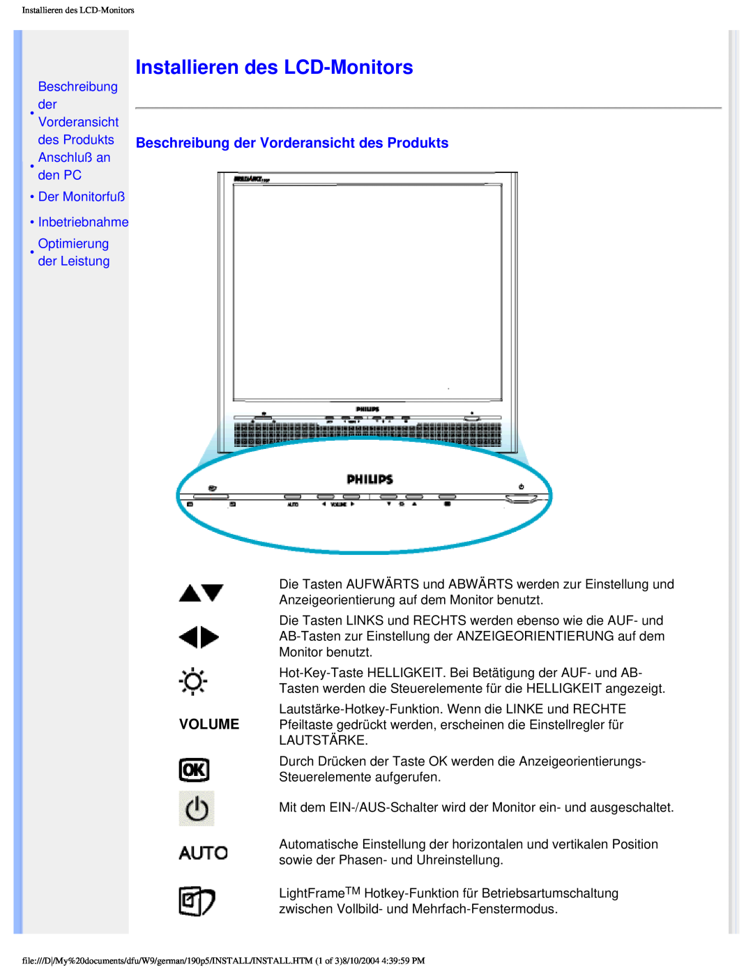 Philips 190P5 Installieren des LCD-Monitors, Beschreibung der Vorderansicht des Produkts, Optimierung der Leistung 