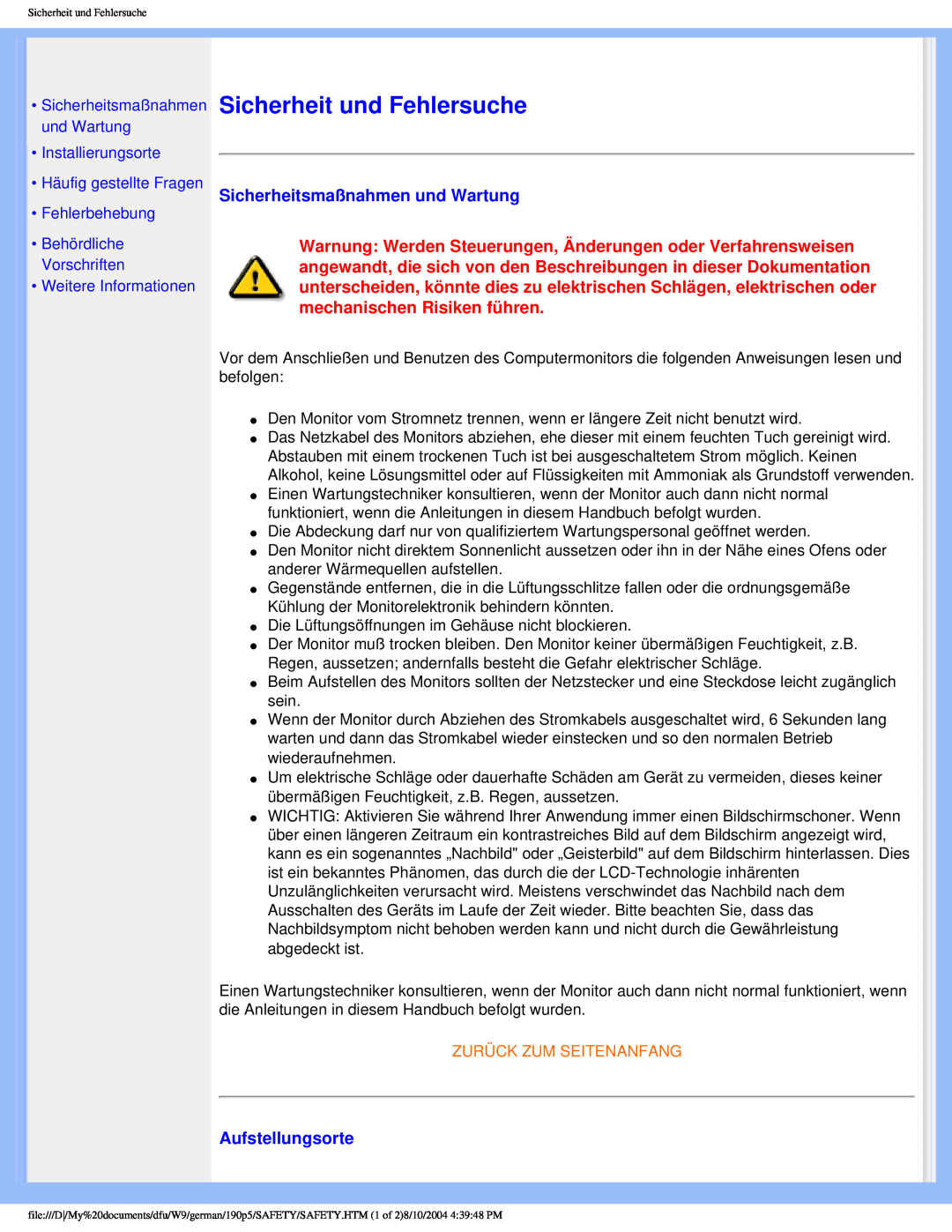 Philips 190P5 Sicherheit und Fehlersuche, Sicherheitsmaßnahmen und Wartung, Aufstellungsorte, Weitere Informationen 