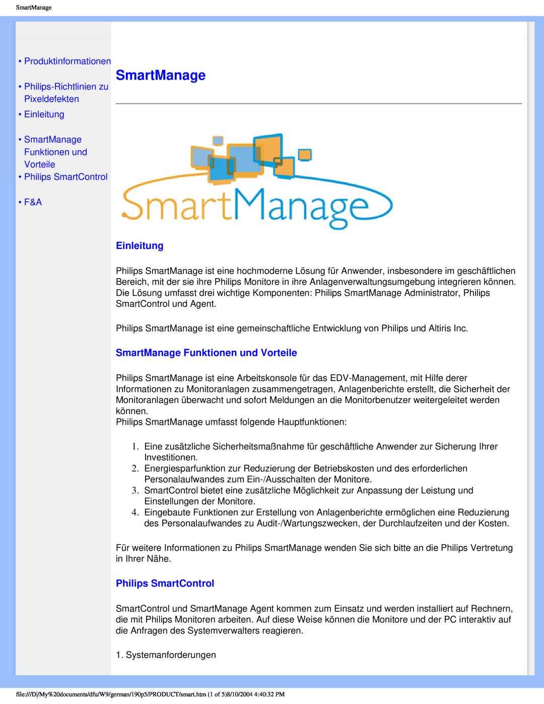 Philips 190P5 user manual Einleitung, SmartManage Funktionen und Vorteile, Philips SmartControl 