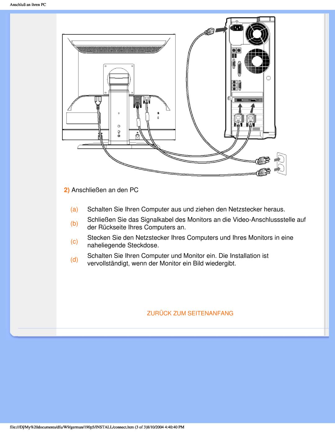 Philips 190P5 user manual Anschließen an den PC 