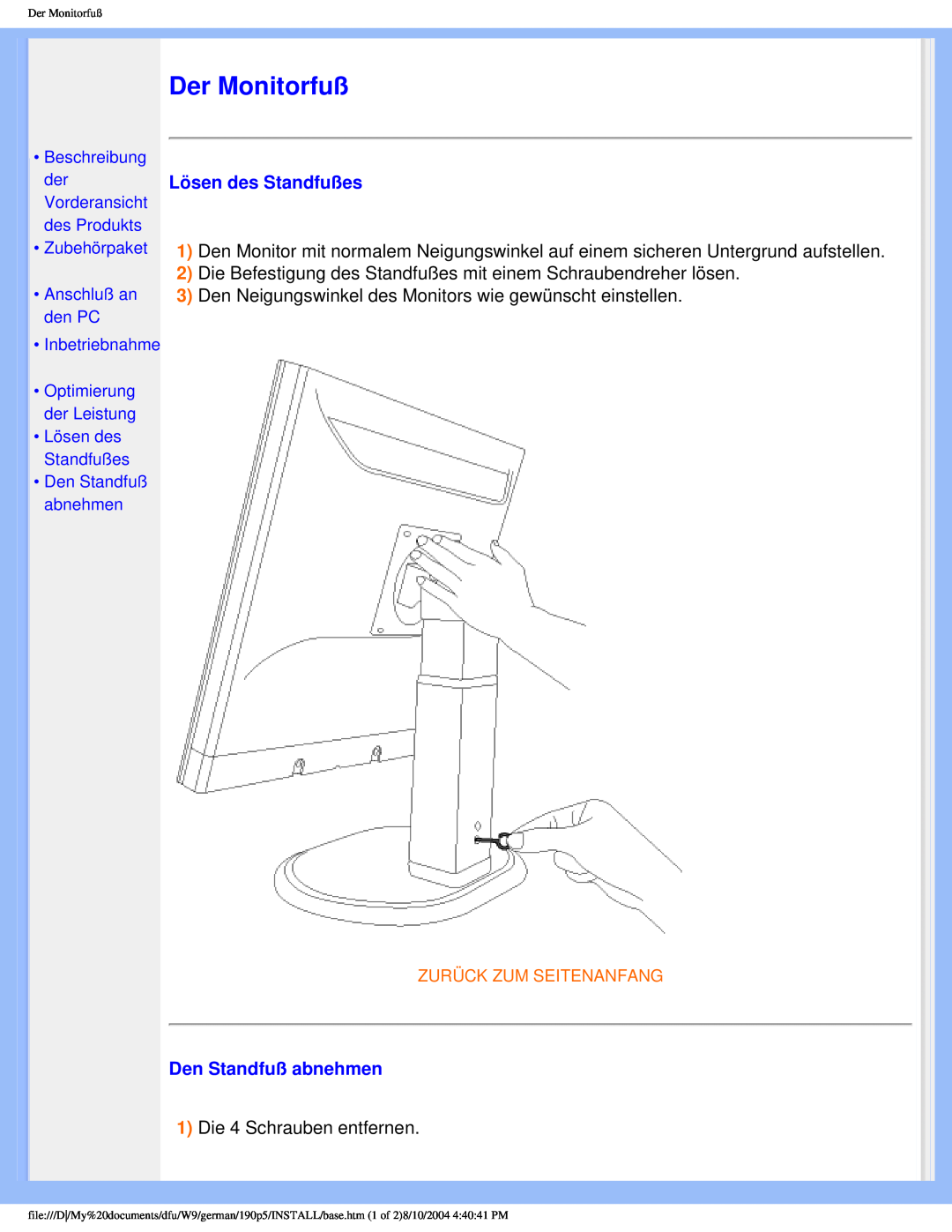 Philips 190P5 user manual Der Monitorfuß, Lösen des Standfußes, Den Standfuß abnehmen 