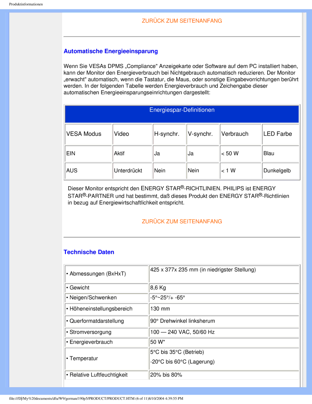 Philips 190P5 user manual Automatische Energieeinsparung, Energiespar-Definitionen 