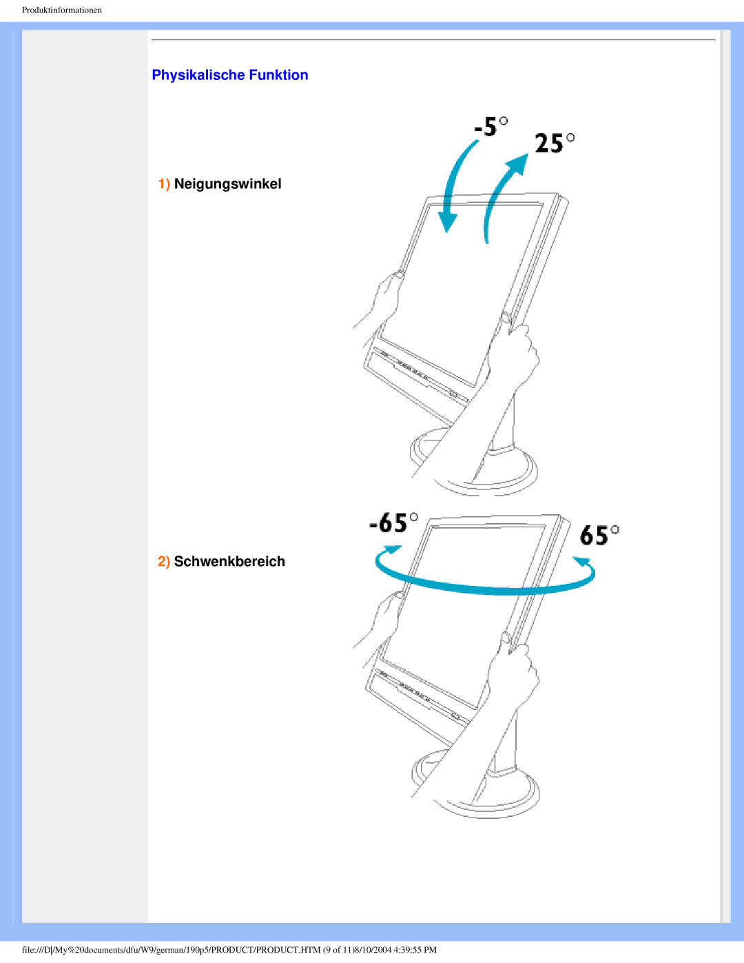 Philips 190P5 user manual Physikalische Funktion, Neigungswinkel Schwenkbereich 