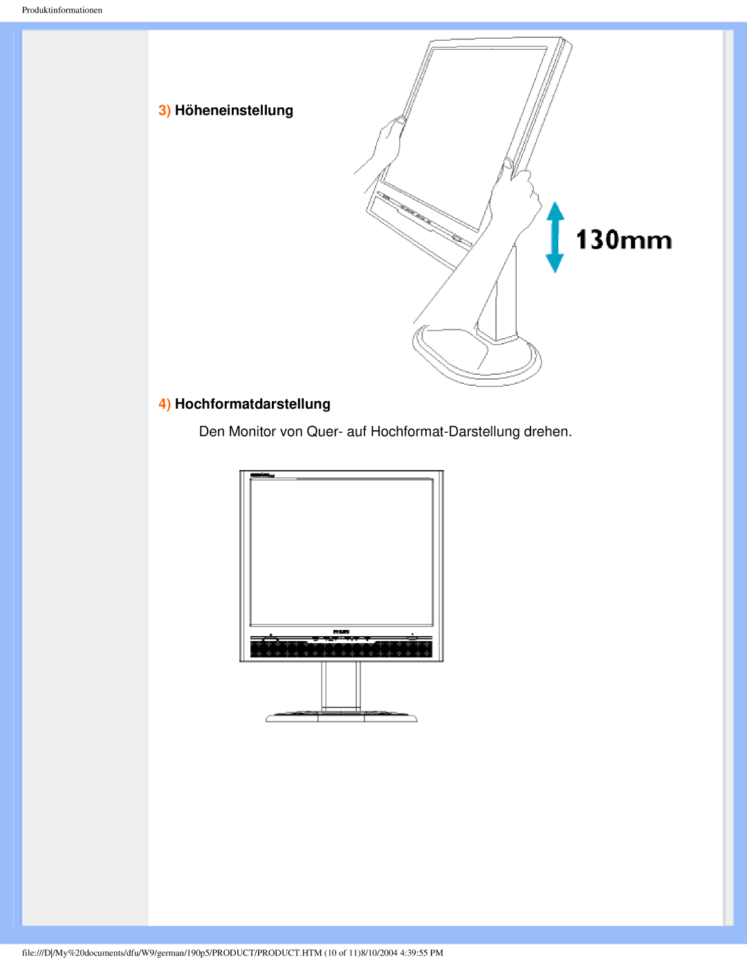 Philips 190P5 user manual Höheneinstellung Hochformatdarstellung 