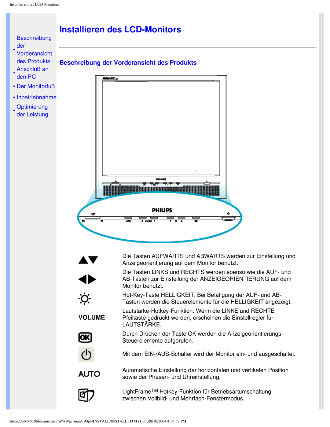 Philips 190P5 user manual Installieren des LCD-Monitors, Beschreibung der Vorderansicht des Produkts 