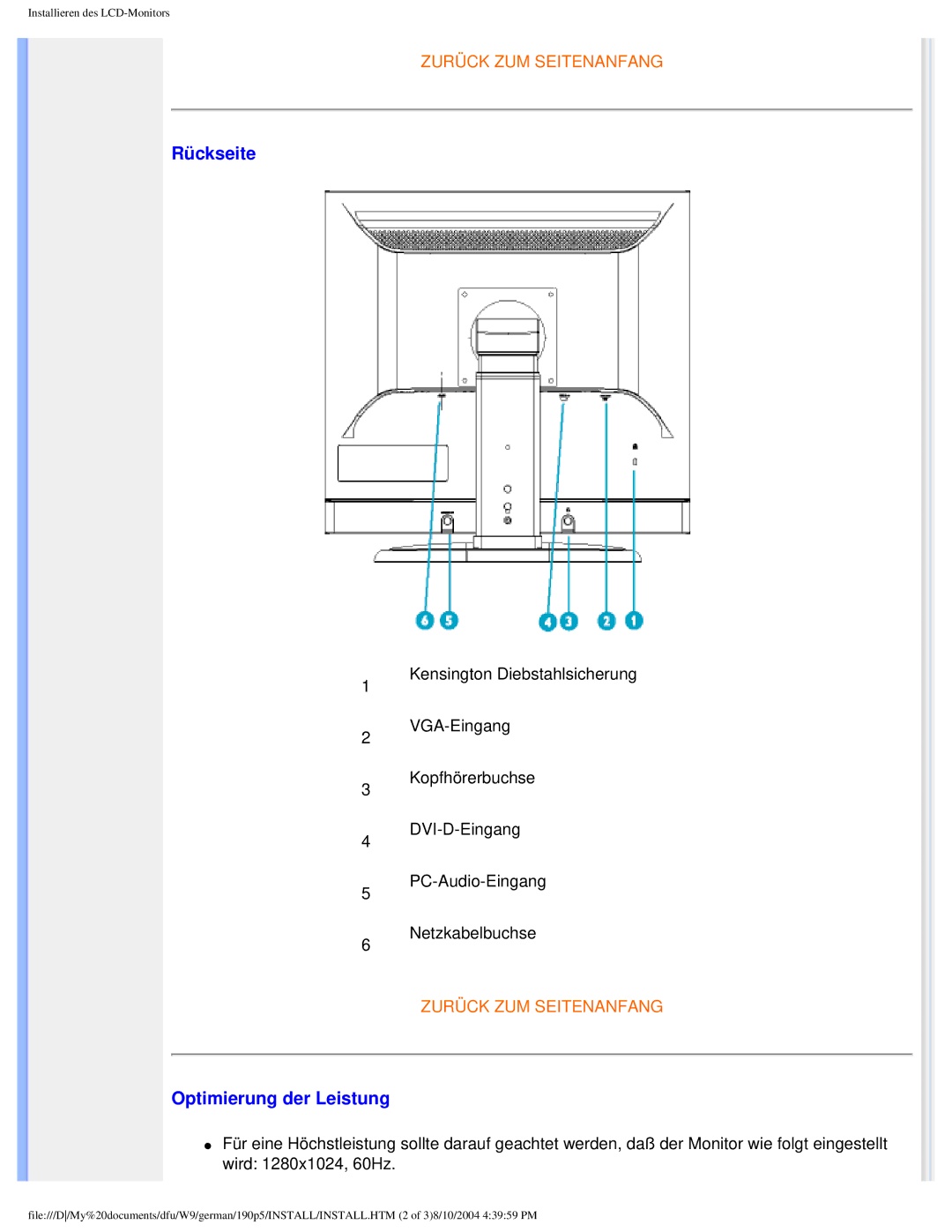 Philips 190P5 user manual Rückseite, Optimierung der Leistung 