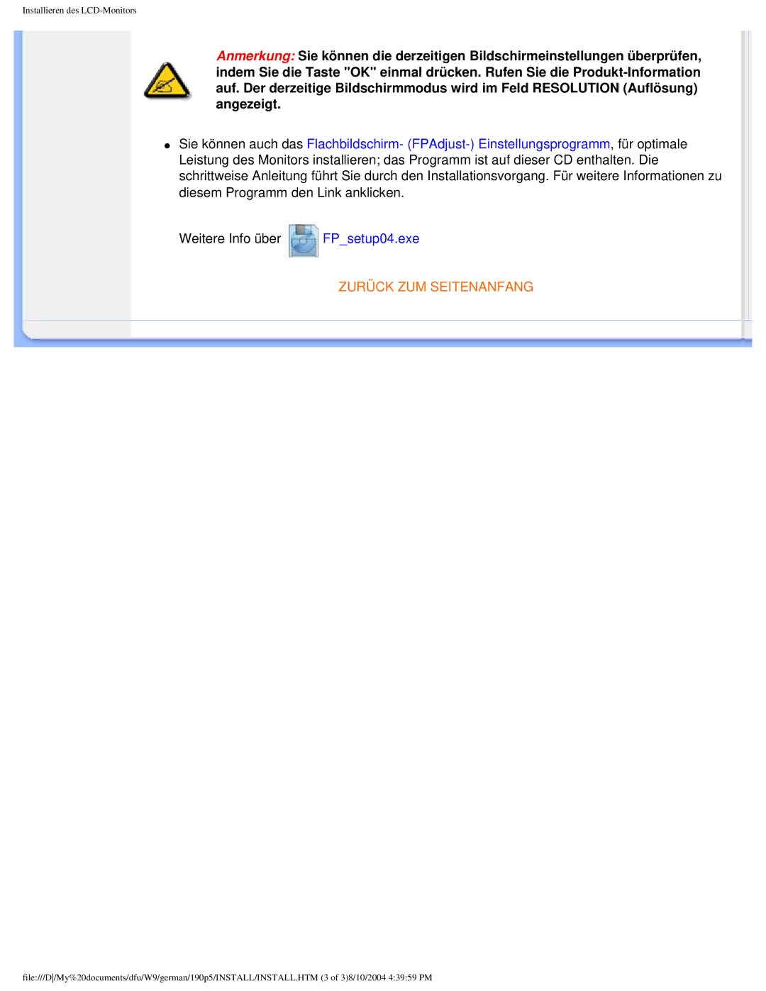 Philips 190P5 user manual Weitere Info über FPsetup04.exe 