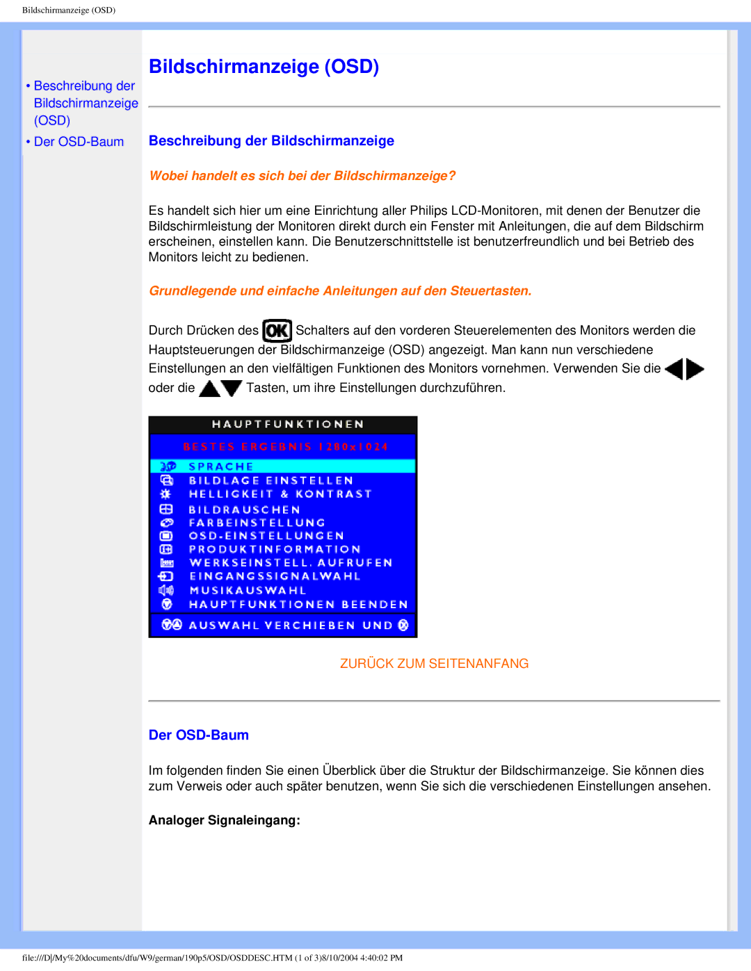 Philips 190P5 user manual Beschreibung der Bildschirmanzeige, Der OSD-Baum, Analoger Signaleingang 