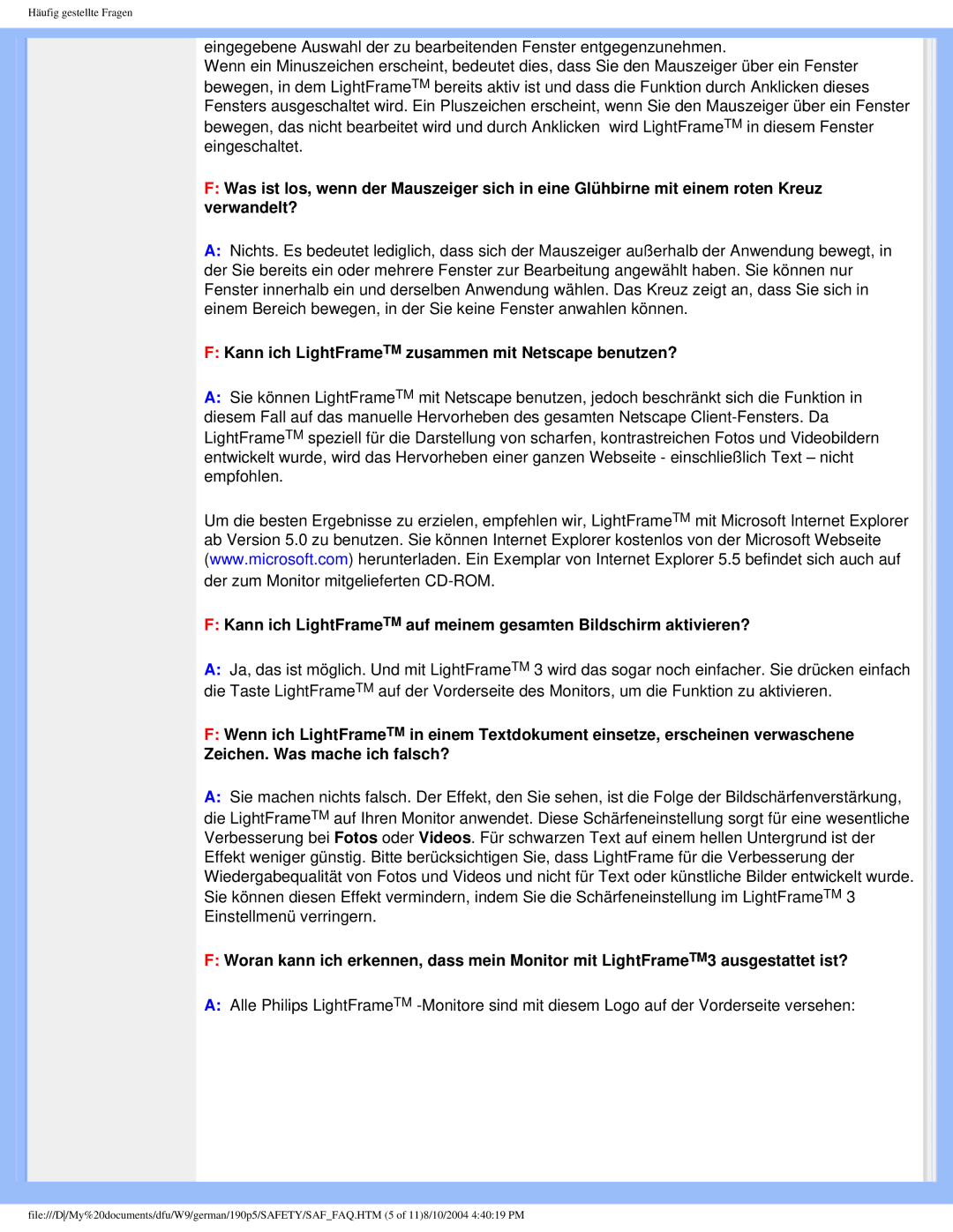Philips 190P5 user manual Kann ich LightFrameTM zusammen mit Netscape benutzen? 
