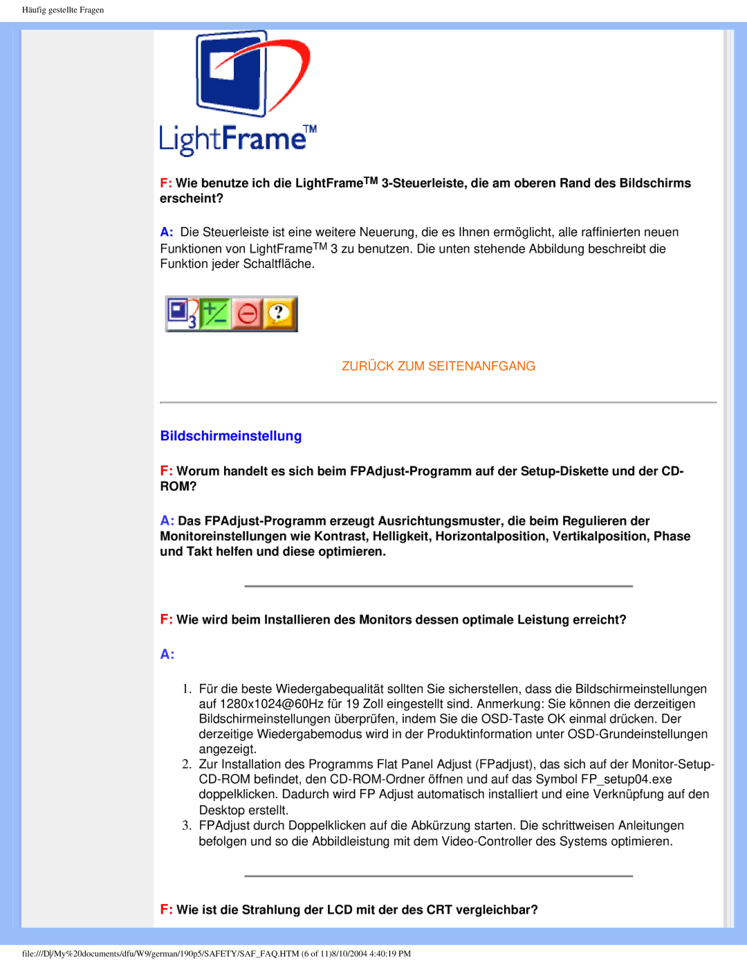 Philips 190P5 user manual Bildschirmeinstellung, Wie ist die Strahlung der LCD mit der des CRT vergleichbar? 