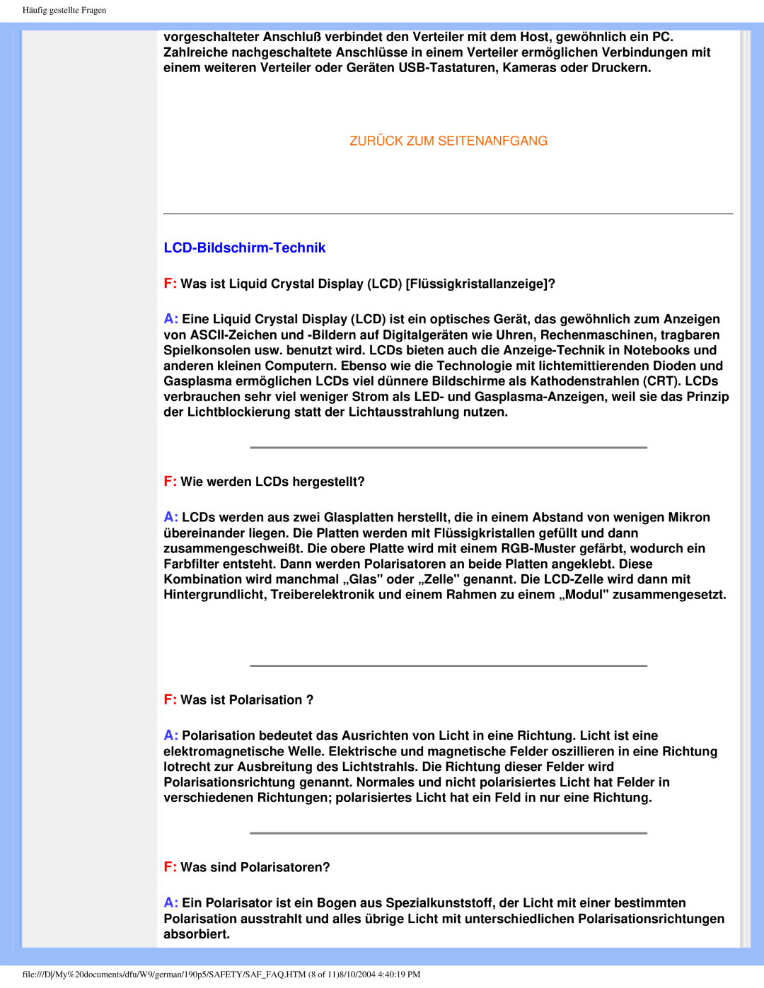 Philips 190P5 user manual LCD-Bildschirm-Technik, Was ist Liquid Crystal Display LCD Flüssigkristallanzeige? 