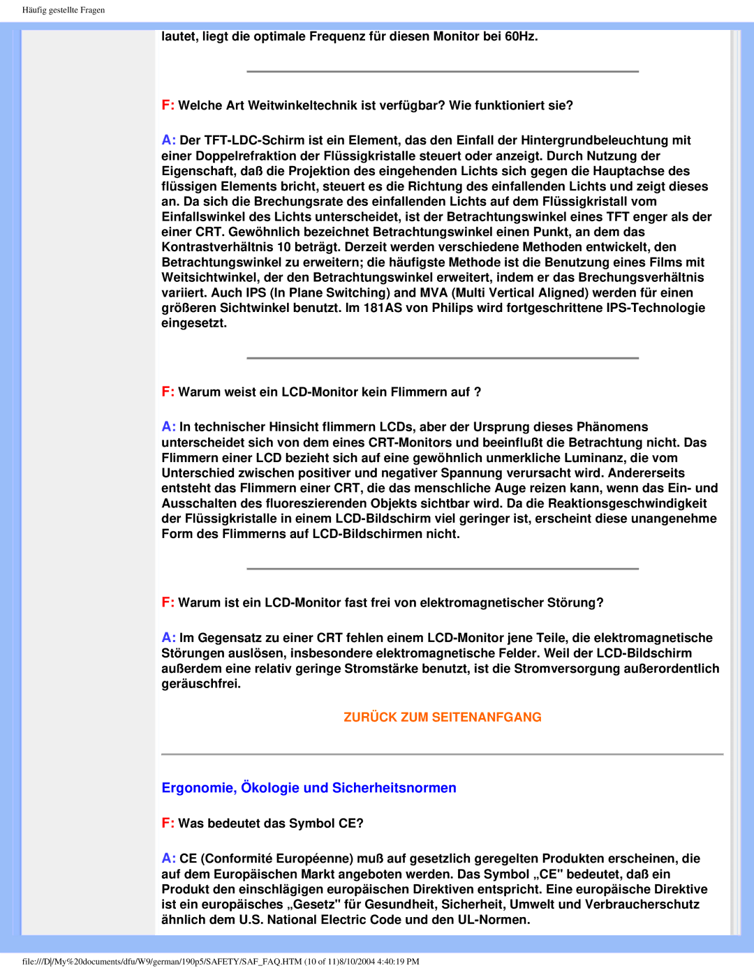 Philips 190P5 user manual Ergonomie, Ökologie und Sicherheitsnormen, Warum weist ein LCD-Monitor kein Flimmern auf ? 