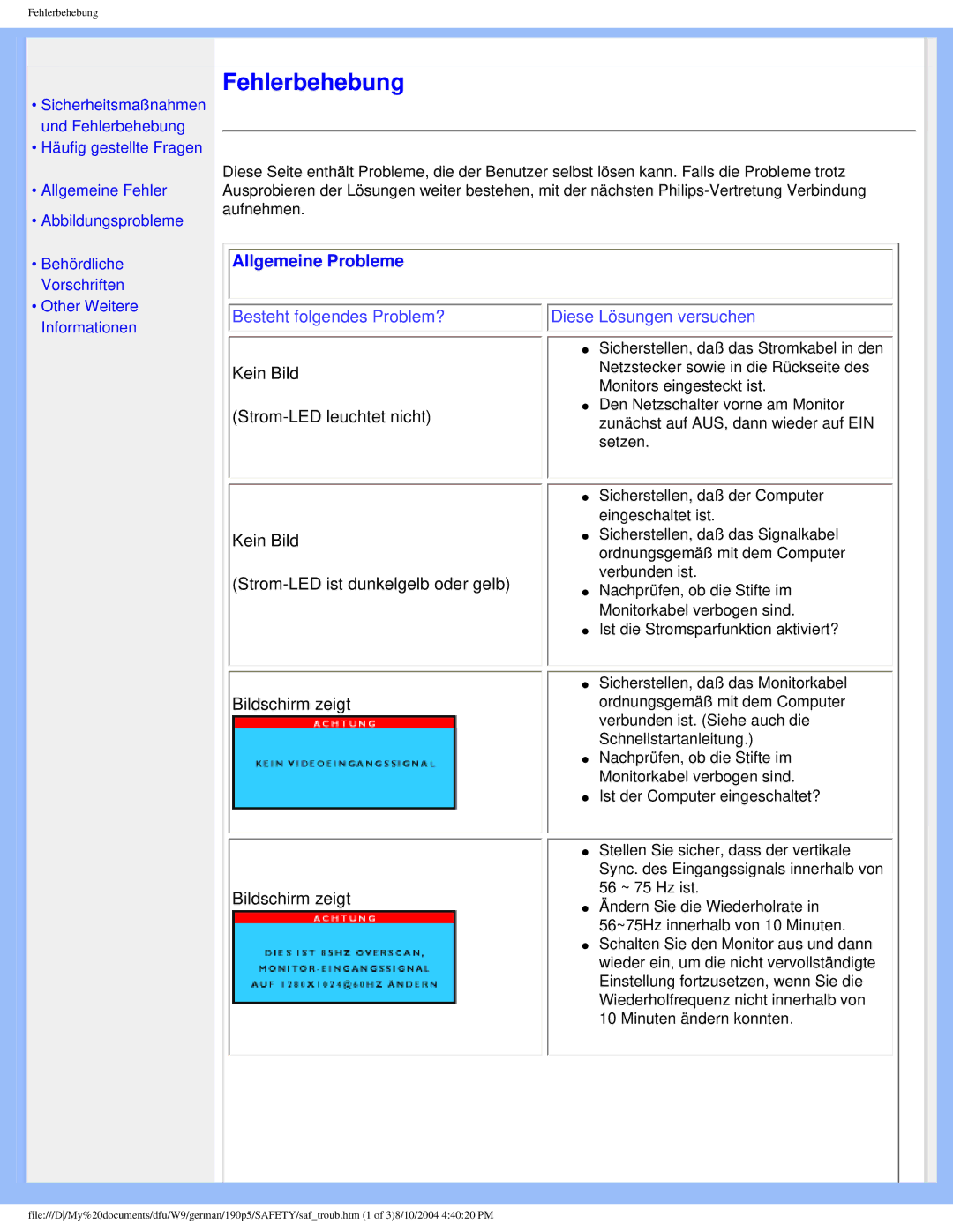 Philips 190P5 user manual Fehlerbehebung 