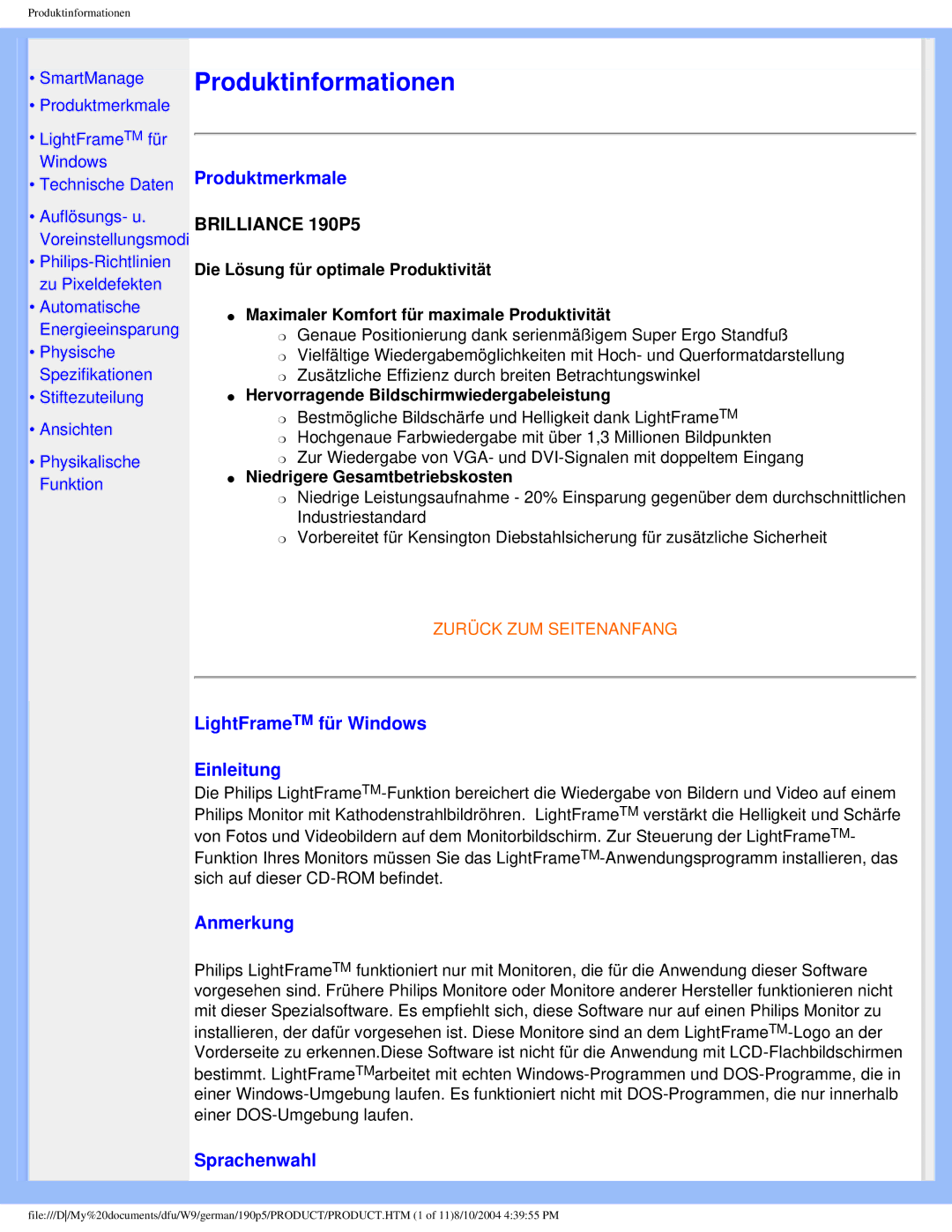 Philips 190P5 user manual Produktmerkmale, LightFrameTM für Windows Einleitung, Anmerkung, Sprachenwahl 