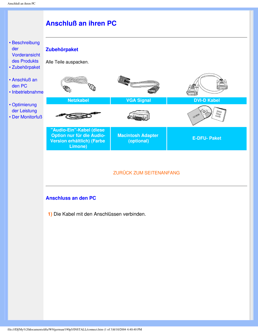 Philips 190P5 user manual Anschluß an ihren PC 