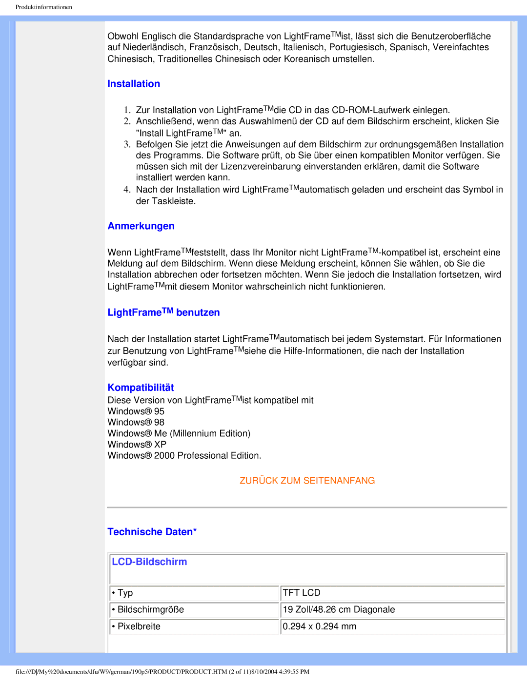 Philips 190P5 user manual Installation, Anmerkungen, LightFrameTM benutzen, Kompatibilität, Technische Daten 