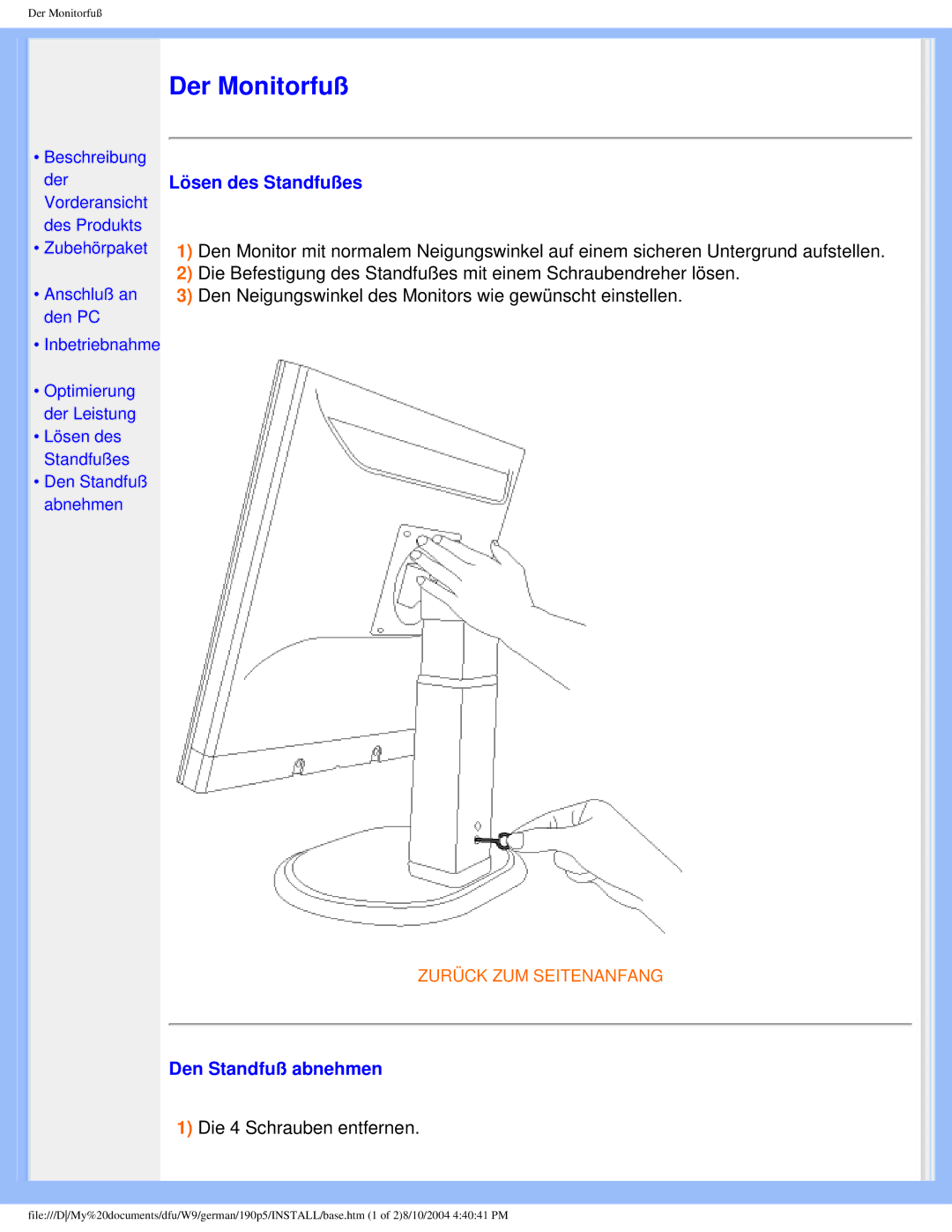 Philips 190P5 user manual Der Monitorfuß 