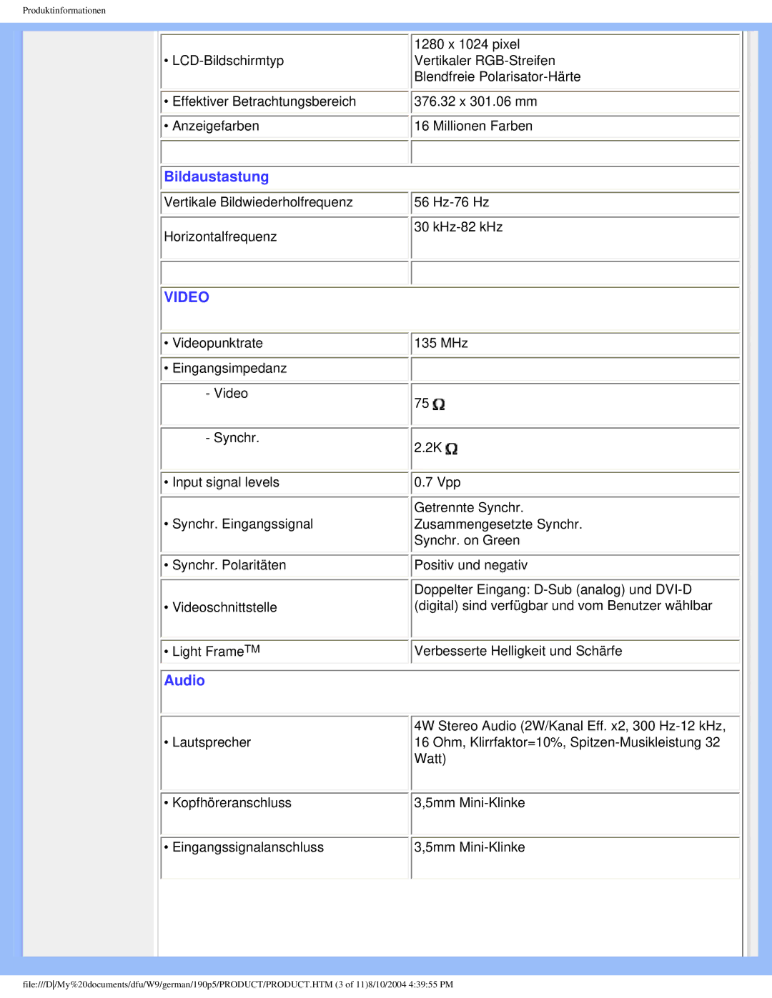 Philips 190P5 user manual Video 