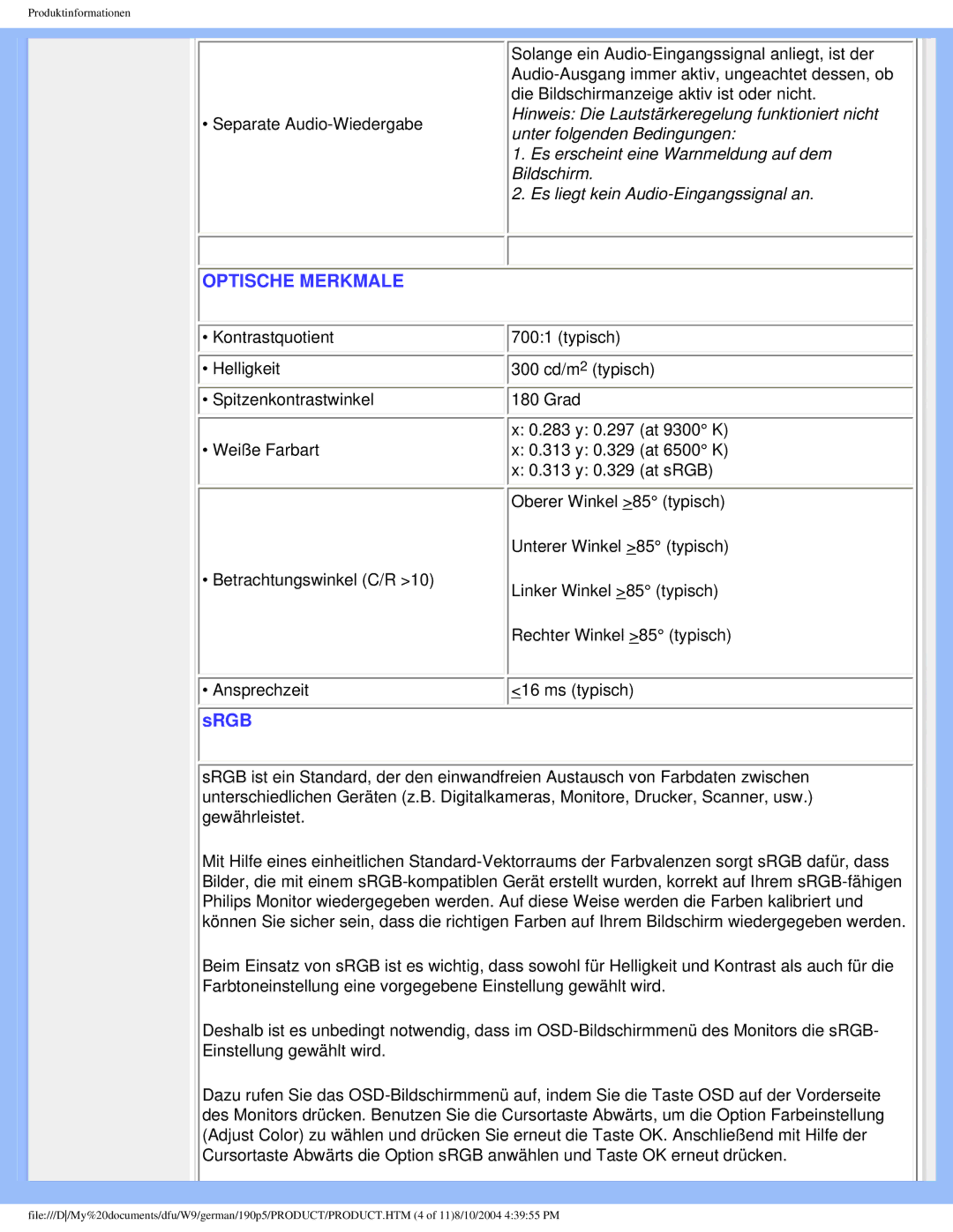 Philips 190P5 user manual Optische Merkmale 