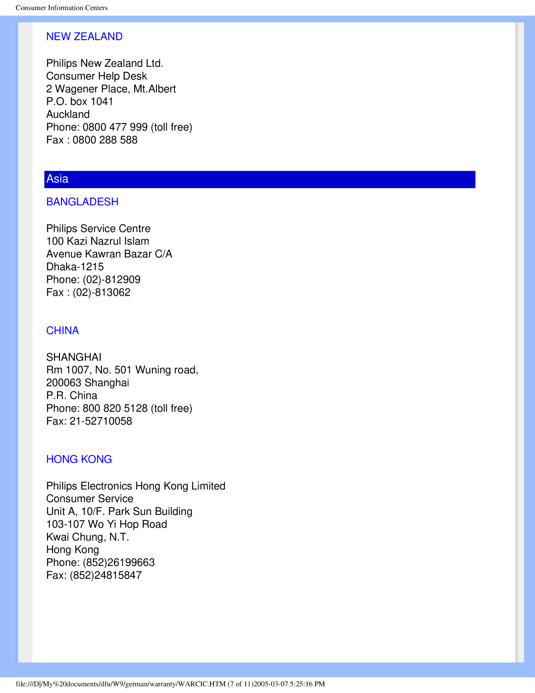 Philips 190P5 user manual NEW Zealand, Bangladesh, China, Hong Kong 