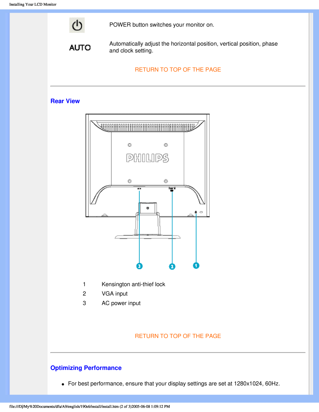 Philips 190P6 user manual Rear View, Optimizing Performance, Return To Top Of The Page 
