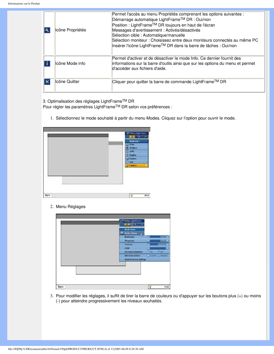 Philips 190P6 user manual Cliquer pour quitter la barre de commande LightFrame TM DR 