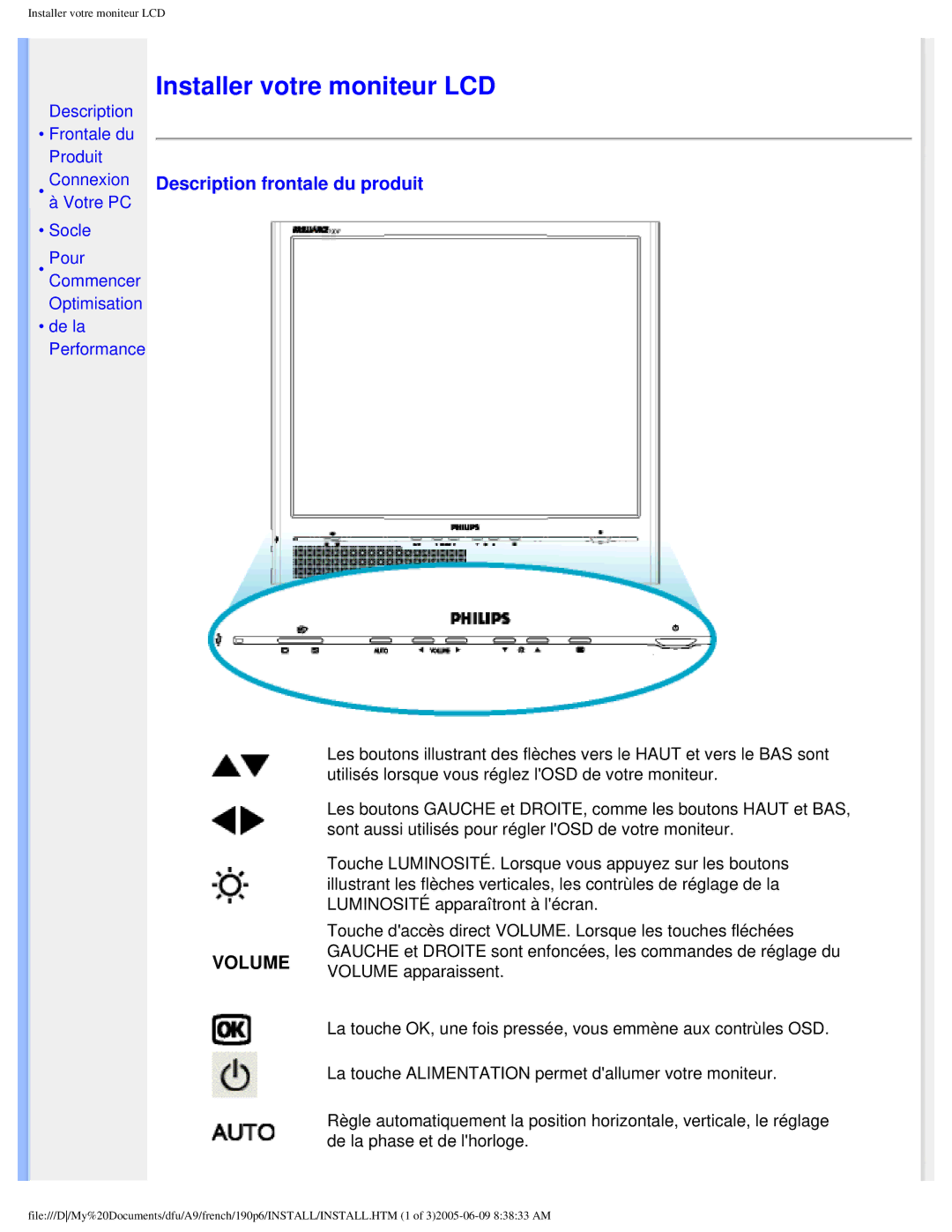 Philips 190P6 user manual Installer votre moniteur LCD, Description frontale du produit 