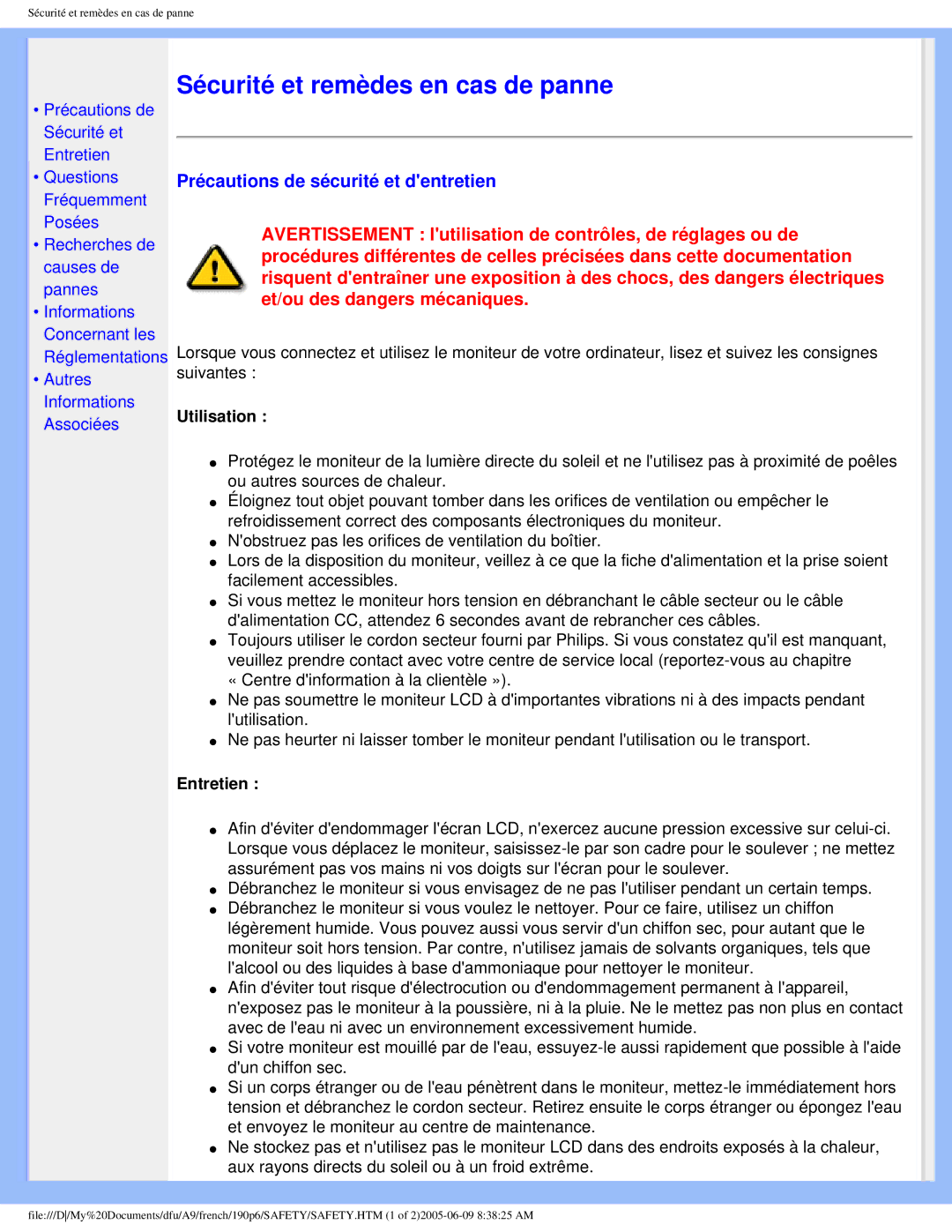 Philips 190P6 user manual Précautions de sécurité et dentretien, Utilisation, Entretien 