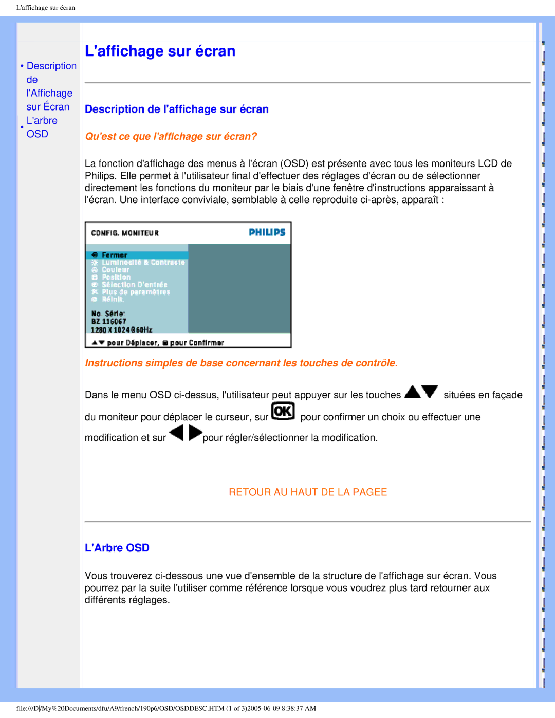 Philips 190P6 user manual Description de laffichage sur écran, LArbre OSD 