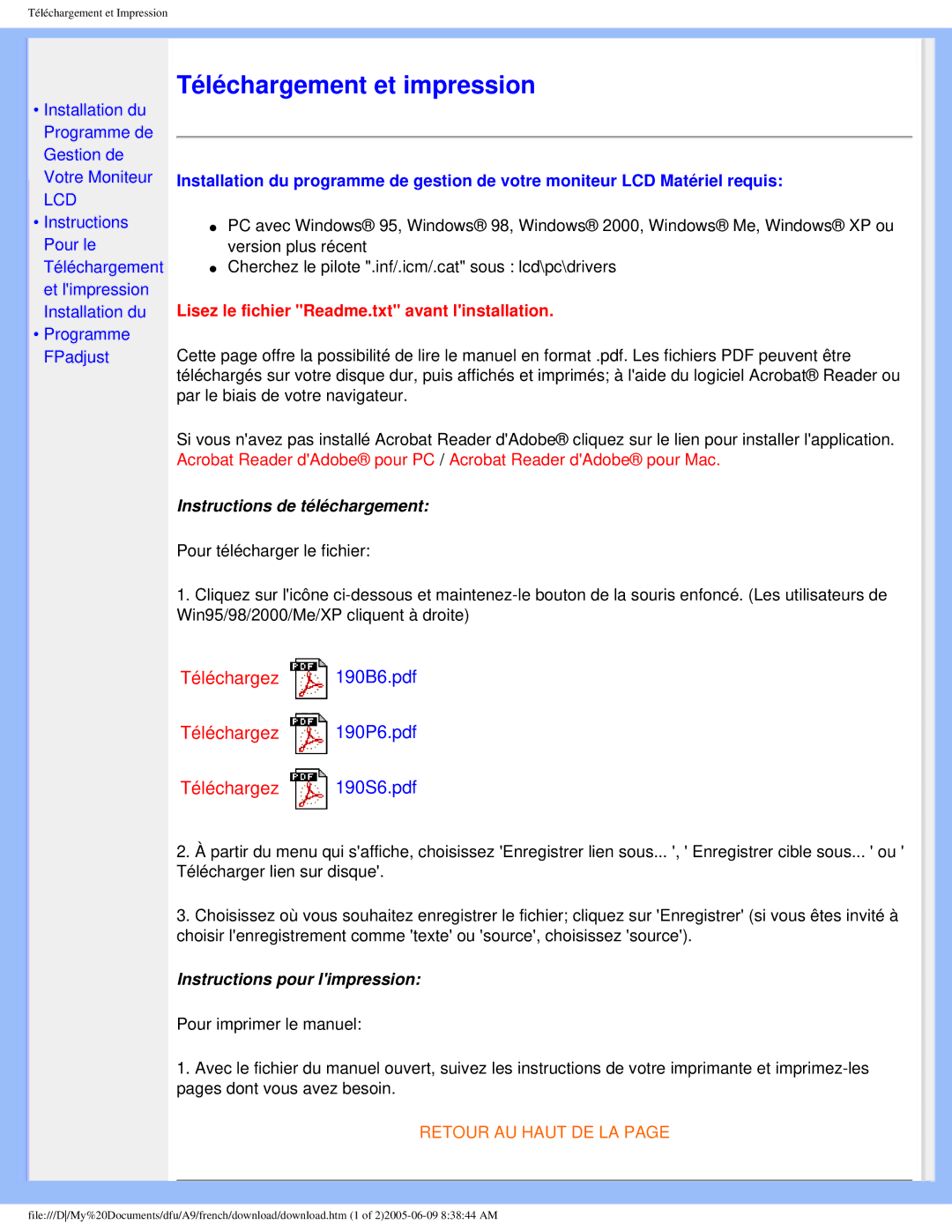 Philips 190P6 user manual Téléchargement et impression 