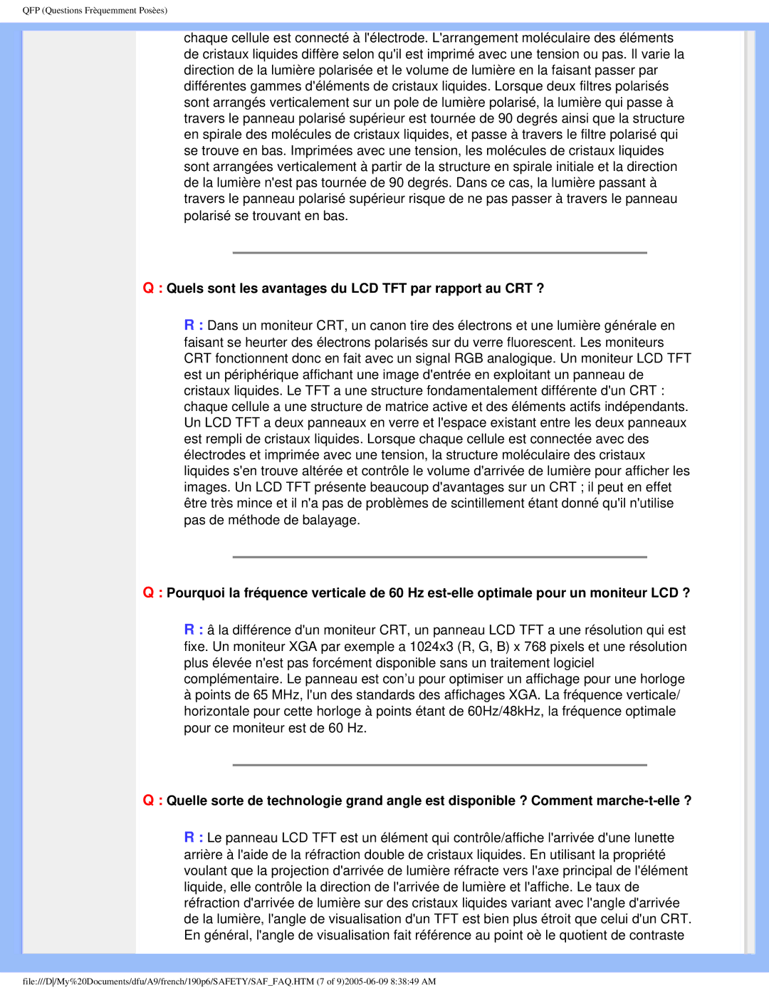 Philips 190P6 user manual Quels sont les avantages du LCD TFT par rapport au CRT ? 